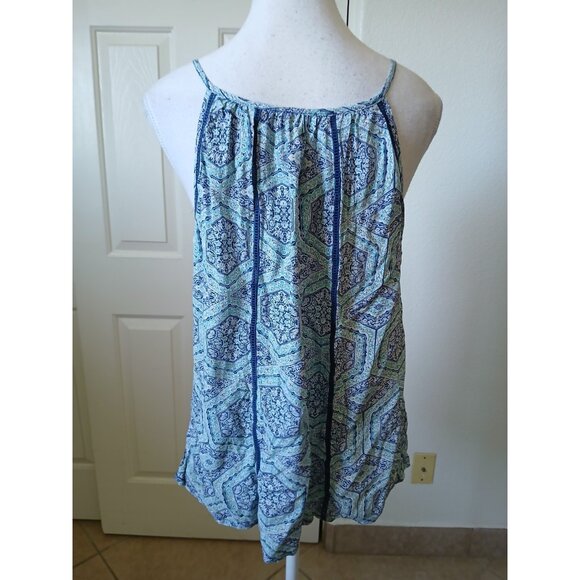 Solitaire Womens Blouse Top Navy & Green Crochet Sleeveless Tank w/ Tassels Boho - Picture 2 of 9
